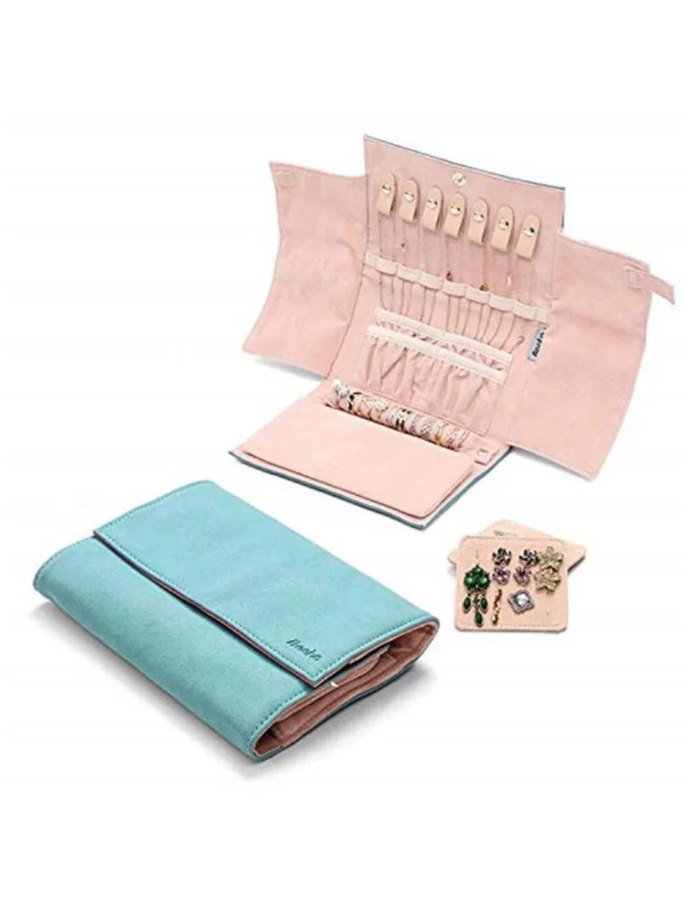 Travel Jewelry Organizer Roll Blue Necklace Earring Ring Storage Case Portable